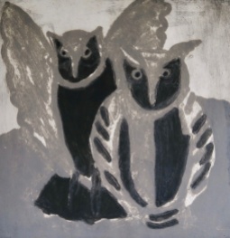 Grey Owls - carborundum - 47x46cm