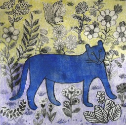 Blue Cat - intaglio, handcolouring