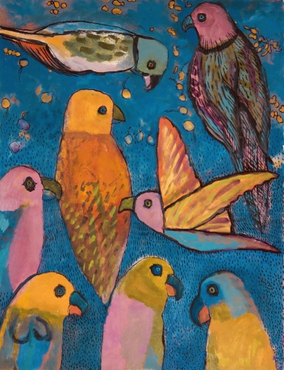 Eight Birds - oil, ink - 33 x 26 cm